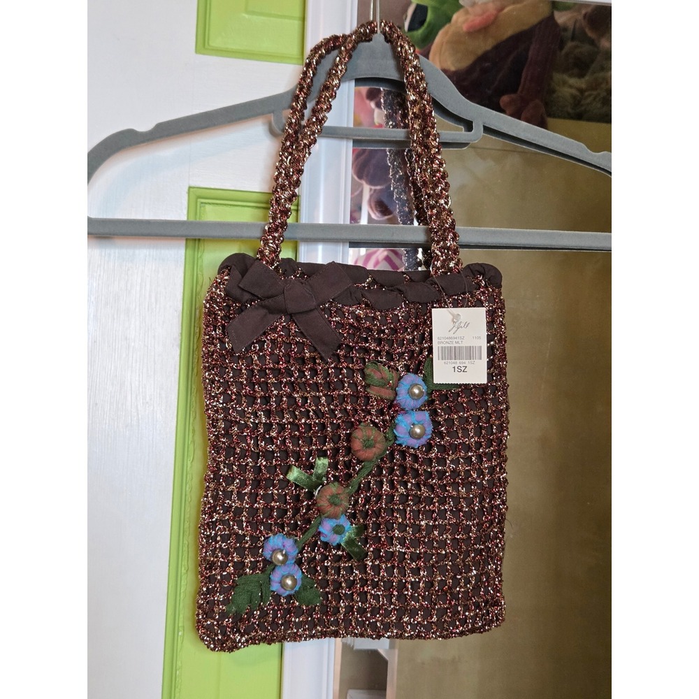 J. Jill Re:Crafted Bronze Metallic Crochet Floral Mini Tote Bag NWT Limited Ed